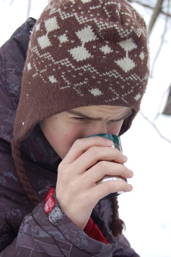 drinking hot chocolate outsde in the winter