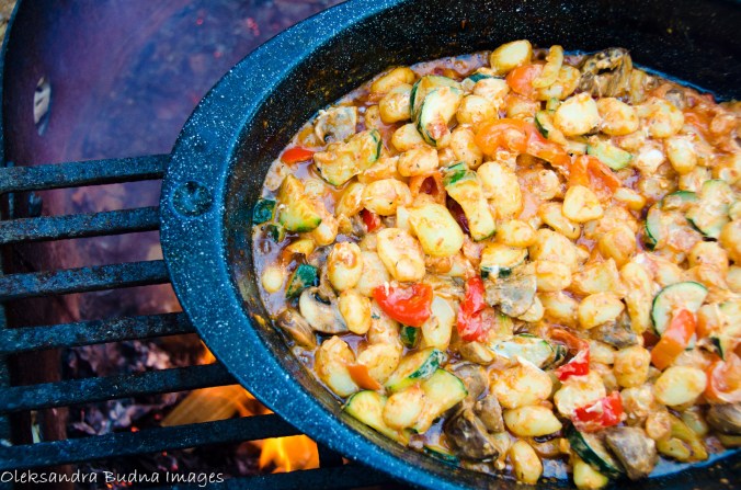gnocchi with roasted vegetables over the campfire