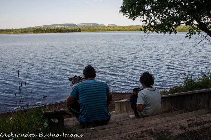 eating on the steps at site 163 at Marie Louise Lake Campground at Sleeping Giant