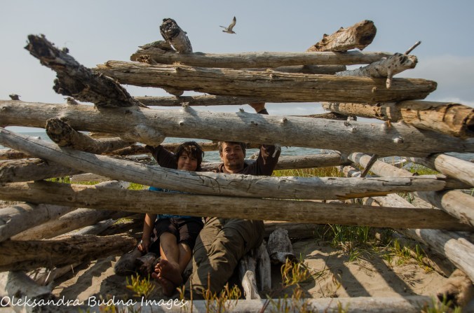 driftwood fort on the beach in Neys Provincial Park