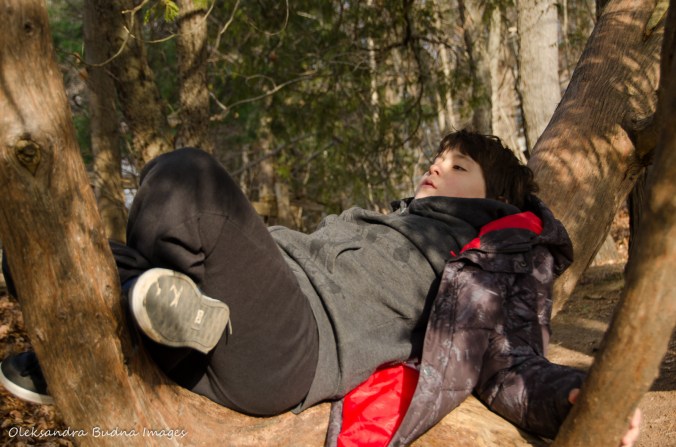 child lying on a tree branch