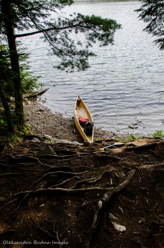 canoe on Kakakise Lake at the end of portage from Terry Lake