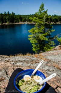 ramen noodles and the view of Terry Lake from sie 56 in Killarney