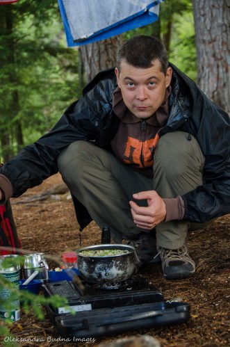 cooking a camping meal