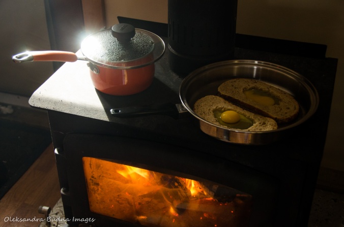 cooking on a wood stove at four-seasons tent in Gatineau Park