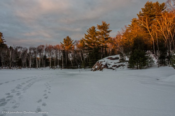 sunset on George Lake in the winter