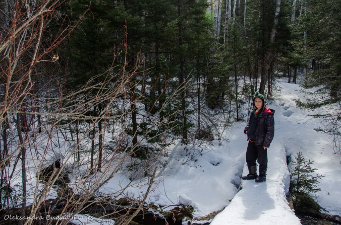 hiking Transition Trail at Windy Lake in the winter