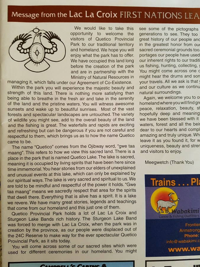 Welcome message from Lac La Croix First Nation Leadership in the Quetico Provincial Park newsletter