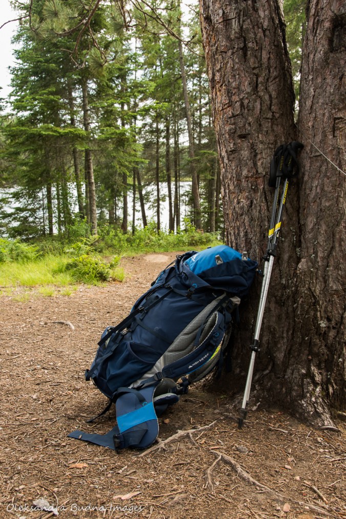 Backpack on teh Faya Lake campsite on Highlands trail in Algonquin