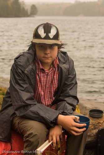 drinking hot chocolate on a backcountry campsite in Algonquine