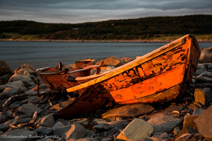 old boat in the light of the setting sun at the Lobster Cove head beach in Gros Morne, Newfoundland