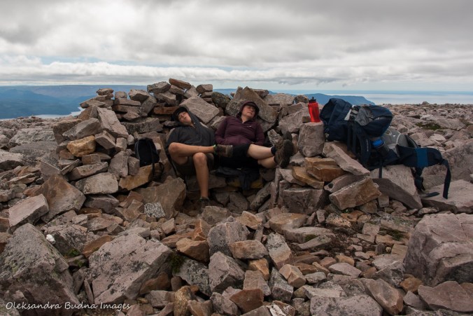 taking a break at the top of Gros Morne Mountain in Newfoundland