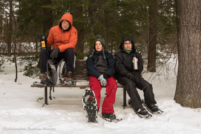 taking a break on Transition snowshoeing trail at Windy Lake Provincial Park