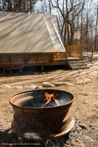 campfire in front of oTENTik at Point Pelee