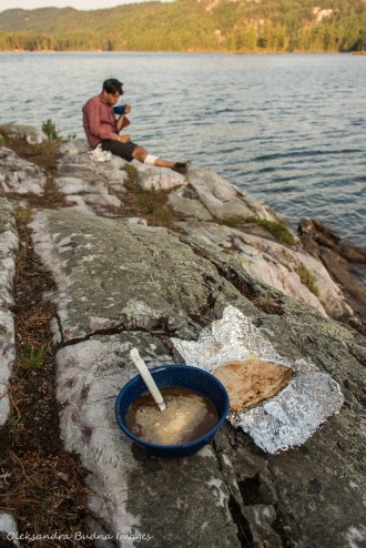 soup and grilled cheese sandwich on the rock at campsite 179 on Grace lake in Killarney