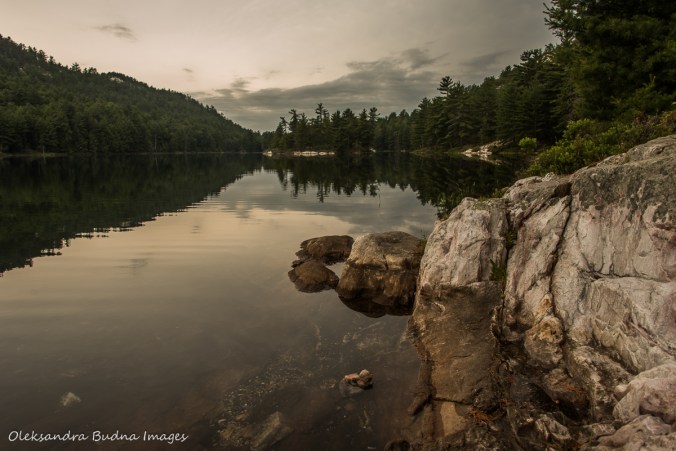 view of Grace Lake in Killarney from campsite 179