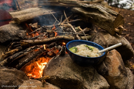 bowl of soup by the campfire