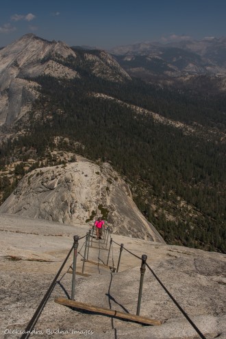 hiking the cables on Half Dome trail in Yosemite