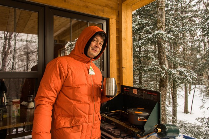 having coffee and making breakfast outside Spica rustic shelter at Parc national du Mont-Mégantic in Quebec