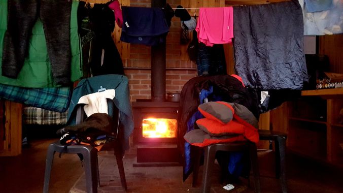 drying clothes and gear inside Spica rustic shelter at Parc national du Mont-Mégantic in Quebec