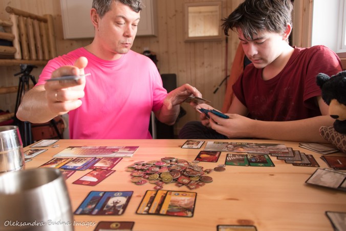 playing 7 Wonders in a cabin at Windy Lake Provincial Park