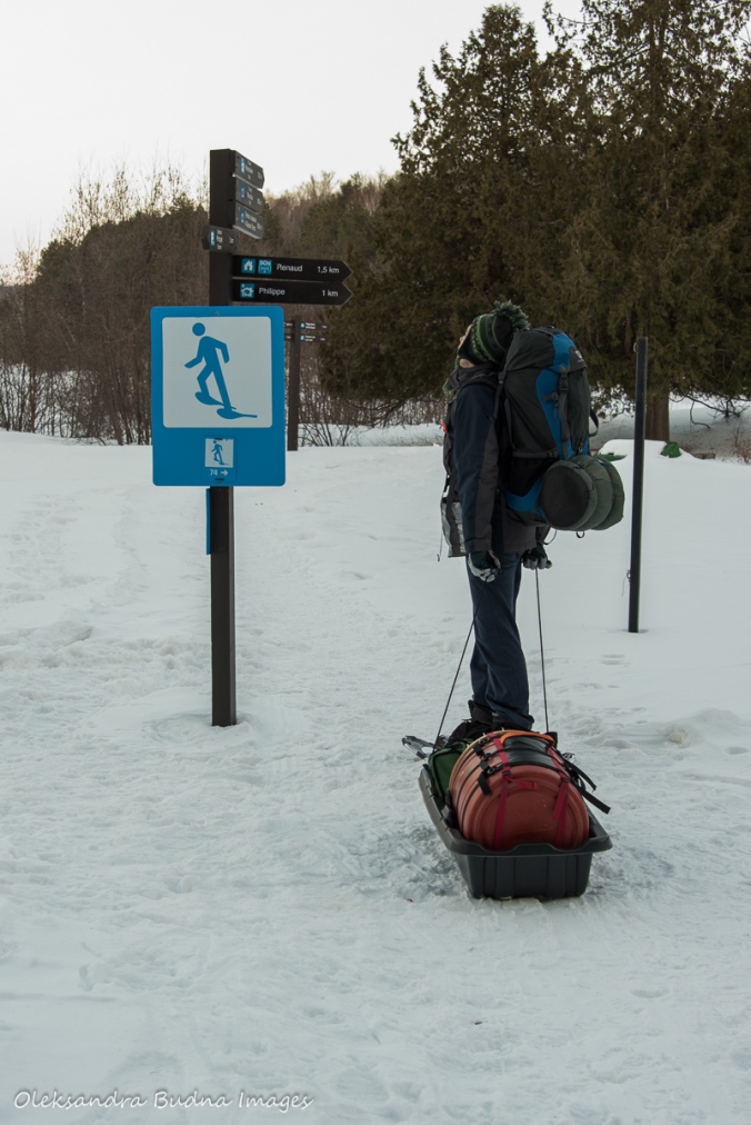 snowshoeing to four-season tent in Gatineau in the winter