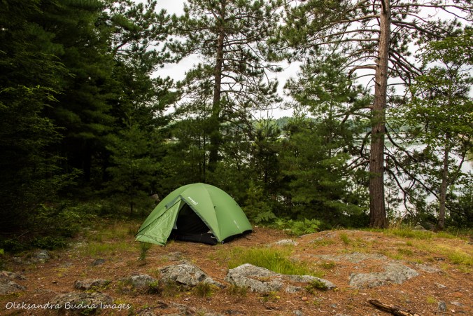 tent on view from site 52 on Three Narrows Lake in Killarney
