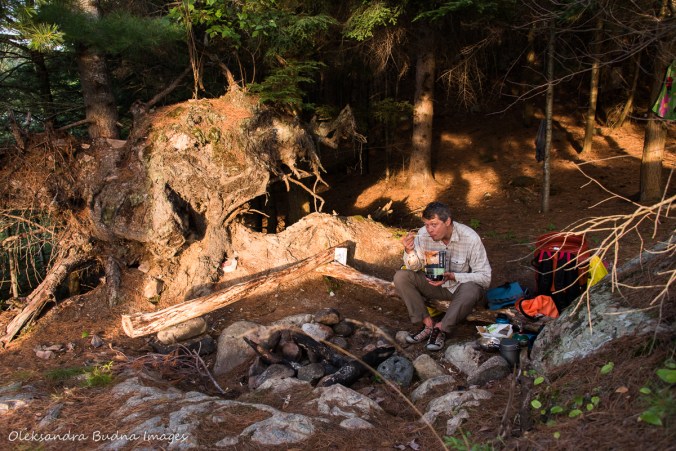 eating dinner at view from site 52 on Three Narrows Lake in Killarney