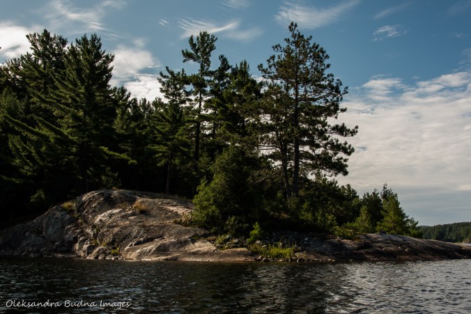view from the water of site 52 on Three Narrows Lake in Killarney