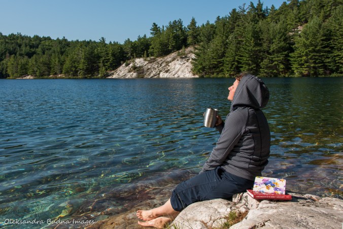 enjoying coffee on site 143 on Nellie Lake in Killarney