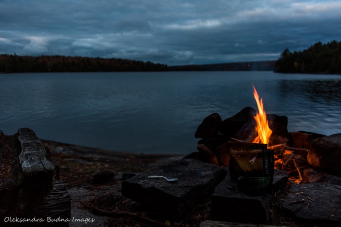 campfire and view of Lake Louisa from a campsite