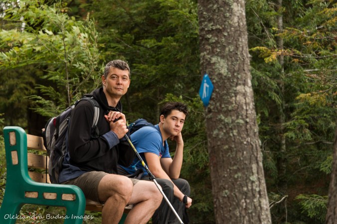taking a break while hiking Lakeshore Trail at Silent Lake