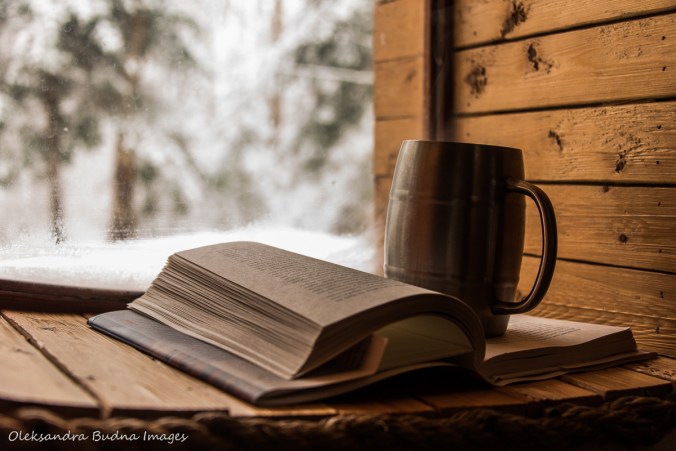 book and coffee on the window in the Hobbit House at Les Toits du Monde