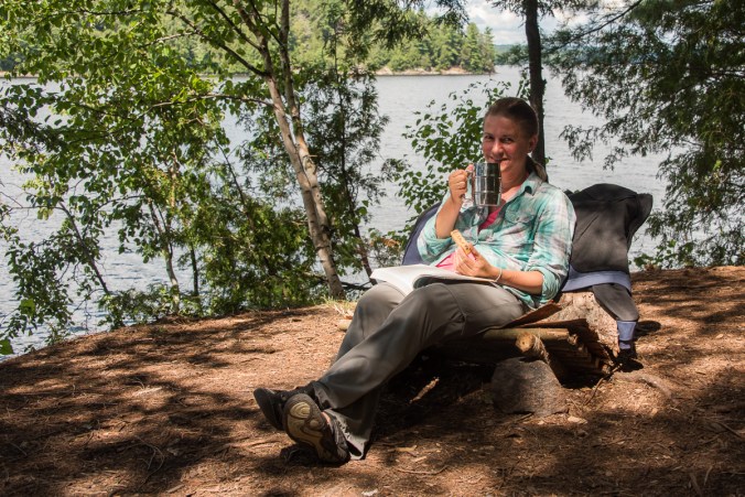 enjoying morning coffee on a campsite in Algonquin